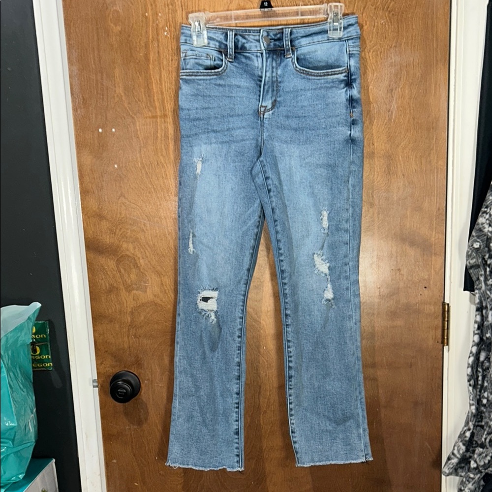 Altar'd State Blue Straight Leg Jeans with Distressed Details